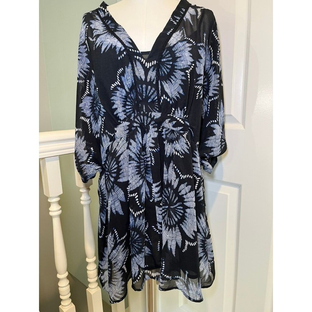Monsoon XL Navy Blue Floral Sheer Boho Kimono Tunic Dress Cover Up Tie Waist